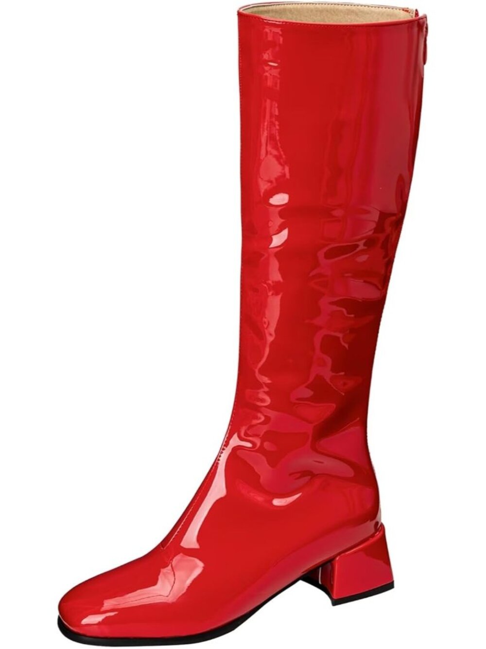 Women's Red Chunky Low Heel Square Toe Full Back Zipper Knee High Boots